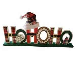 Wooden HO HO HO Christmas Sign Plaid Santa Hat Snowflake Bell Tabletop Decor